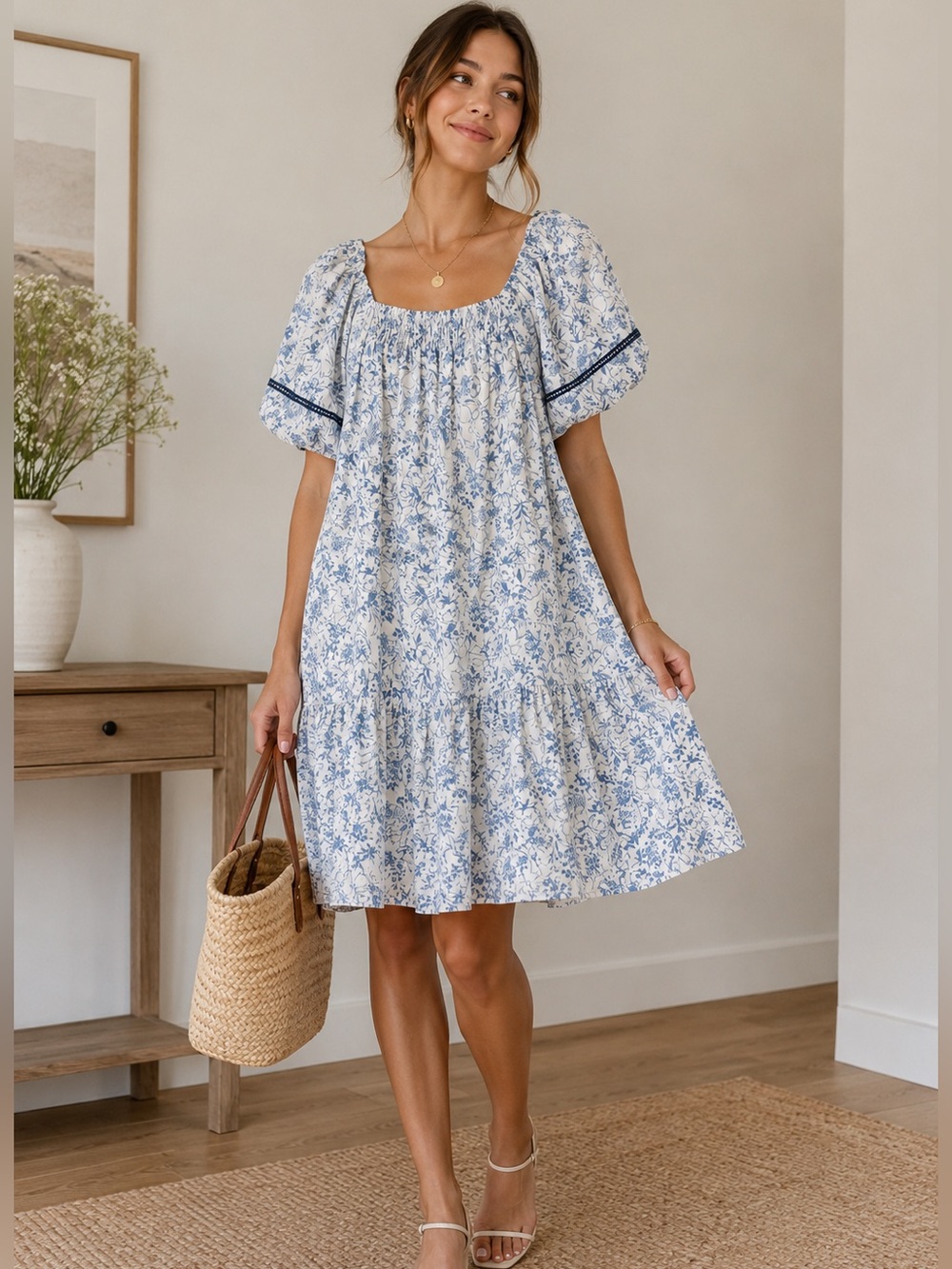 Polagram Blue and White Floral Puff-Sleeve Midi Dress